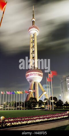 China, Shanghai, district Pudong, Oriental Pearl tower, flag evening, Stock Photo