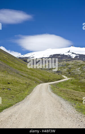 Iceland, region of Vesturland, peninsula Snaefellsnes, volcano Snaefellsjökull, glacier, street, Stock Photo