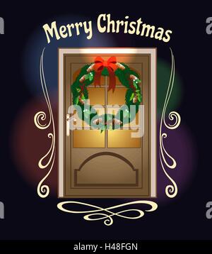 Christmas front door with Welcome wreath and wording Merry Christmas. Vector illustration Stock Vector