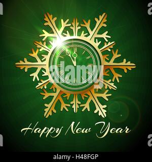 Shiny snowflake shaped New Year Clock against green background. Vector illustration. Stock Vector