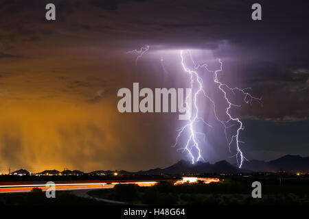 Summer thunderstorm with lightning over Tucson, Arizona Stock Photo
