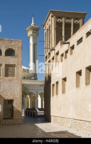 VAE, Dubai, Bastakiya, mosque, wind towers, Old Town, building, restores, cooling, religion, lane, wooden crews, tower, minaret, Stock Photo