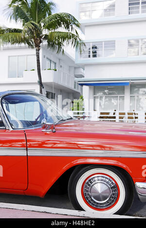 Plymouth Belvedere Convertible, year of manufacture 1957, the fifties, American vintage cars, Ocean Drive, South Miami Beach, Art Deco District, Florida, USA, Stock Photo