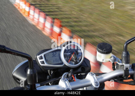 Motorcycle, measuring journey, pylon, view about cockpit, Stock Photo