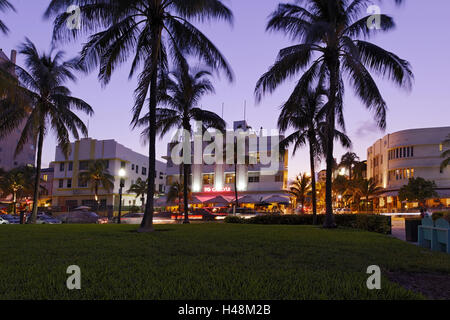 Hotel 'The Carlyle' at dusk, Ocean Drive, Miami South Beach, Art Deco District, Florida, USA, Stock Photo