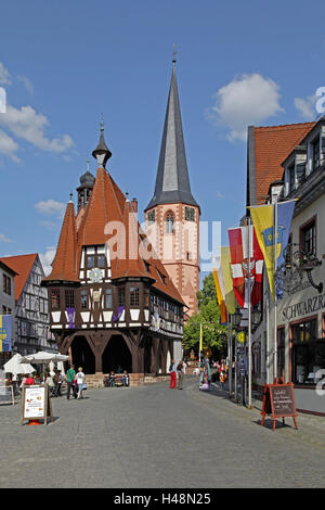 Germany, Hessen, Michel's town in the ode wood, marketplace, historical city hall, half-timbered houses, Old Town, Protestant church, Stock Photo