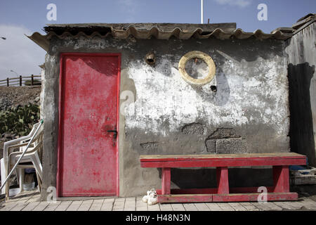 hut, outside, wooden bench, beach shoes, door, red, Stock Photo