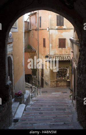 France, Cote d'Azur, medieval lane in Roquebrun Cap Martin with Menton, Stock Photo