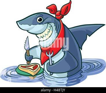 Vector cartoon clip art illustration of a cute happy smiling shark with a knife, fork, and bib, about to eat a steak on a plate. Stock Vector