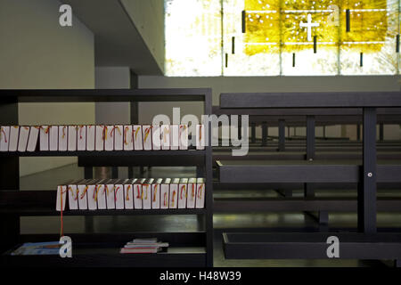 Church, inside, prayer books, detail, Germany, Bavaria, Munich, mass town Riem, church centre, architecture, building, interior shot, sacred construction, Catholic, parish church St. Florian, parochial centre, church construction, modern, pews, windows, glass, cross, notch, detail, glass picture, nobody, blank, Stock Photo