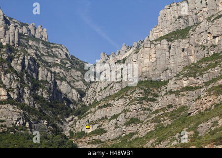 Santa Maria de Montserrat abbey in the top of the mountain, with the yellow aerial cable car Stock Photo