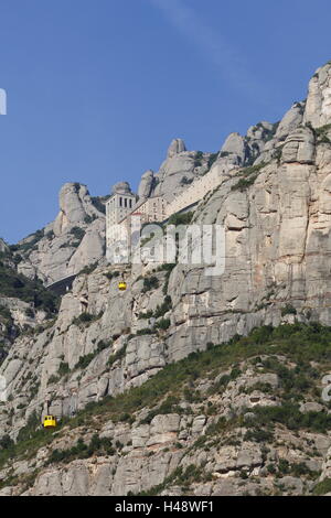 Santa Maria de Montserrat abbey in the top of the mountain, with the yellow aerial cable car Stock Photo