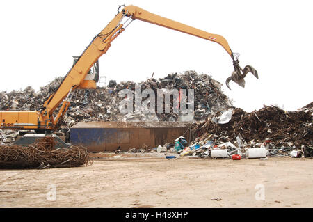 Scrap yard, scrap metal, excavator, claw arm, garbage waste dump, waste, refuse, metal waste, metal, scrap metal, heap, aggregation, vast amount, recycling, metal realisation, garbage editing, metal waste, disposal, muster point, collective place, icon, water fouling, environmental pollution, waste-oriented society, Stock Photo