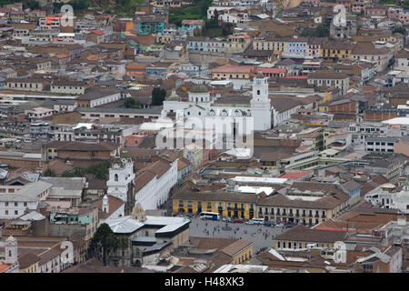 Ecuador, province Pichincha, Quito, Parque la Panecillo, town overview, South America, town, capital, hill, Panecillo, lookout, overview, houses, roofs, towers, church, churches, view, overview, Stock Photo