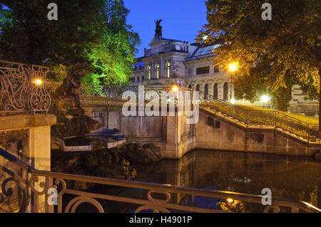 Fountain in front of the Albertinum, dusk, Dresden, Saxony, Germany, Stock Photo