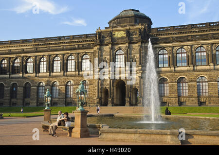 Zwinger with Semper gallery, water jet, Dresden, Saxony, Germany, Stock Photo