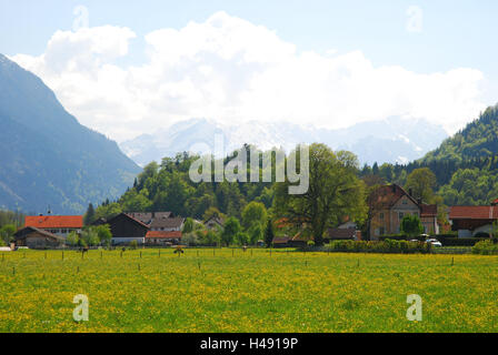 Germany, Bavaria, Werdenfels, Eschenlohe, local view, spring meadow, South Germany, Upper Bavaria, alpine upland, place, houses, hills, band, wood, residential houses, architecture, meadow, scenery, spring, Stock Photo