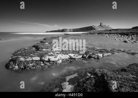 Dunstanburgh Castle from the rocky ledges of Embleton Bay, Northumberland, England. Spring (March) 2014. Stock Photo