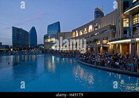 VAE, Dubai, Dubai Mall, water, shopping centre, outside view, in the evening, Stock Photo