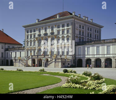 Germany, Bavaria, Munich, castle nymph castle, visitor, Upper Bavaria, structure, building, lock, architecture, baroque, facade, middle tract, perron, arcades, arcade walks, input, person, place of interest, Stock Photo