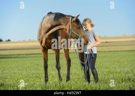 Girls, rider, horse, meadow, standing, scenery, Stock Photo
