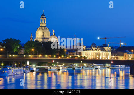 View over the Elbe on baroque old town, Brühl's Terrace, Church of Our Lady, ships of the Weiße Flotte, dusk, Dresden, Saxony, Germany, Stock Photo