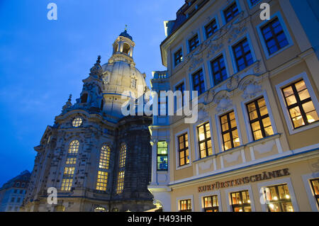 New market and Church of Our Lady, dusk, Dresden, Saxon, Germany,