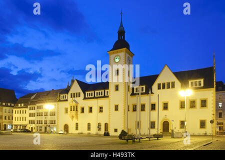 Freiberg, old town, Obermarkt with city hall at dusk, Saxony, Germany, Stock Photo