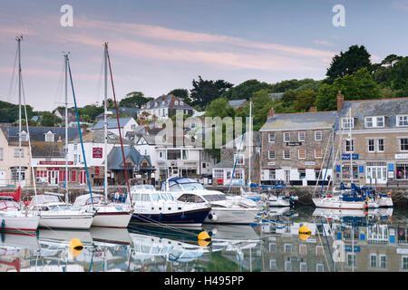 Yachts moored in Padstow harbour at dawn, Cornwall, England. Spring (June) 2013. Stock Photo