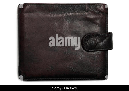 Old aged worn wallet, grungy black reddish brownish grunge leather isolated closeup, gentle shadow Stock Photo