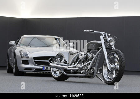 Motorcycle, chopper AMG by car, Mercedes AMG Wing door model SLS, silver, Stock Photo