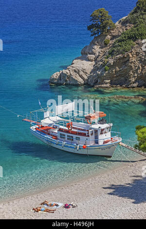 Greece, Karpathos, Apella, Bathing Bay, excursion boat, Stock Photo