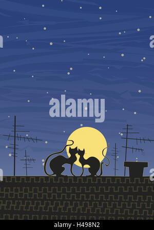 House roof, two cats, full moon, night, illustration, Stock Photo
