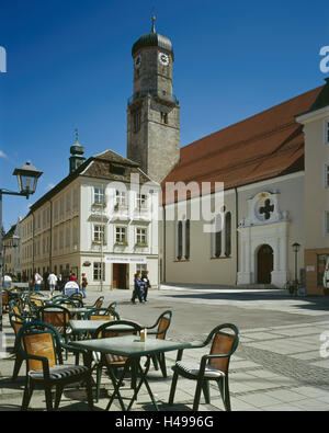 Germany, Upper Bavaria, Weilheim, Marienplatz, town museum, church, the Assumption Day, South Germany, Bavaria, priest's angle, place of interest, faith, religion, Christianity, building, architecture, church, sacred construction, tower, steeple, museum, person, passer-by, pedestrian, outside, street cafe, Stock Photo