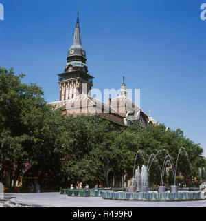 Serbia, Vojvodina, Subotica, city hall, fountain, town, summer, outside, place of interest, building, structure, architecture, city council, tower, city hall tower, well, play water, person, Stock Photo