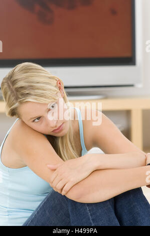 Teenager, thoughtful, embrace, sorrowful, knees, sit, Stock Photo