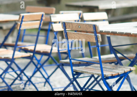 Beer garden, tables, chairs, empty, Stock Photo