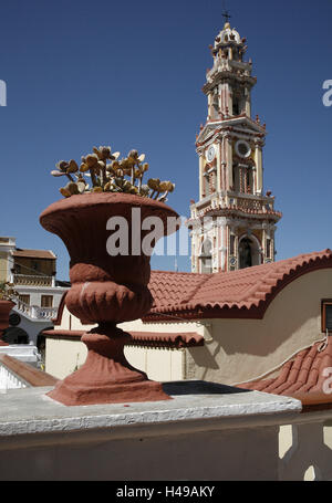 Greece, Dodekanes, Rhodes, island, Symi, Panormitis, cloister, bell tower, coast, Simi, culture, faith, building, sacred construction, structure historically, cloister plant, inner courtyard, church, tower, steeple, place pilgrimage, architecture, place of interest, flowerpot, Pflanzschale, Stock Photo