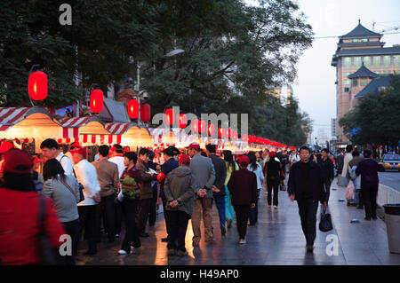 China, Peking, Wangfujing, Dong'anmen, Daijie, done cuisine night market, snack stalls, cooks, passers-by, evening, Asia, town, city, business centre, in Chinese, sales, street sales, street snack, market, snack, sales booths, foods, snacks, Asian, cooking cuisine, night market, offer, choice, illuminateds, lined up, side by side, specialities, Food, delicatessen, people, lighting, outside, Stock Photo