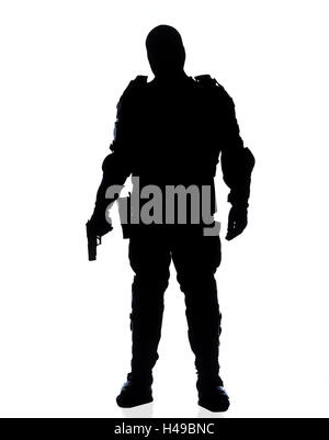 Policeman, protective clothing, stand, hold hand, gun, silhouette, police, occupation, man, official, police officer, uniform, protective clothing, protection, mask, protective mask, gun, SEK, MEK, GSG9, special task force, special unit, firearm, weapon, counter-terrorism, Stock Photo