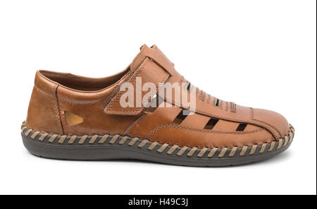 Single men's brown leather sandal isolated on white Stock Photo
