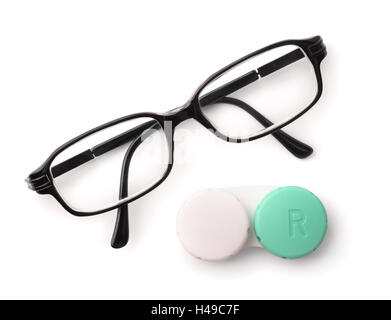 Top view of eyeglasses and eye contact lenses isolated on white Stock Photo