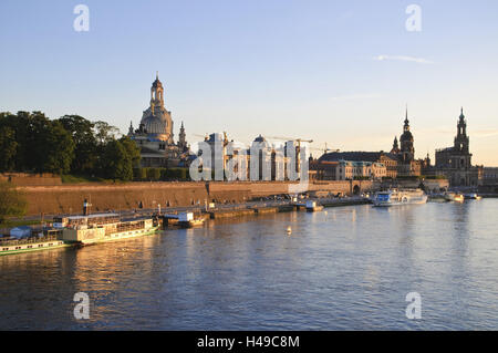 View over the Elbe on baroque old town, Brühl's Terrace, Church of Our Lady, ships of the Weiße Flotte, Dresden, Saxony, Germany,