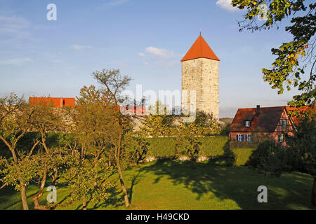 Germany, Bavaria, Central Franconia, Dinkelsbühl, hailstorm, tower, Franconia, city fortification, building, sunshine, Stock Photo