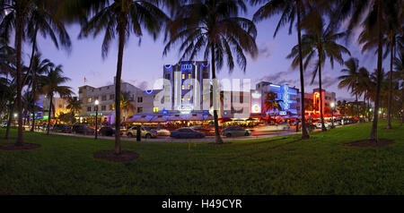 Panorama of the Art Deco hotels at Ocean Drive, dusk, Miami South Beach, Art Deco District, Florida, USA, Stock Photo