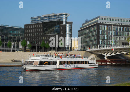 Germany, Berlin, Spree bow, excursion boat, building, facades, town, capital, Berlin middle, government district, Spree shore, house facades, architecture, glass fronts, administration buildings, the Spree, holiday ship, ship, boat, tourist, sightseeing, Stock Photo