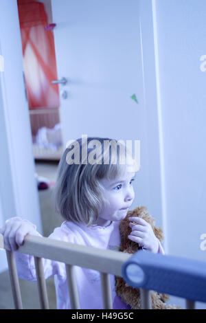 Child, girl, sleepwalking, 4-6 years, alone, lonely, hall, door, openly, half portrait, inside, children's room, infant, Addicted to moon, tiredly, sleep suit, soft animal, sleep, sleep disturbance, sleepwalker, sleepwalker, soft toy, dream, subconsciously, subconsciousness, action, awake, half sleep, at night, sleepless, dream, manipulated, grid, stairs grid, security grid, railing, protection, security, Stock Photo