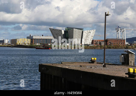 View across the Port of Belfast to The Titanic Building  in Belfast's Titanic Quarter. Stock Photo