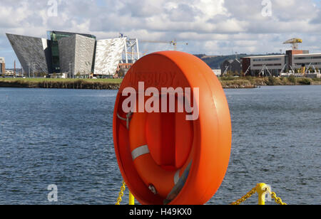 View across the Port of Belfast to The Titanic Building in Belfast's Titanic Quarter. Stock Photo