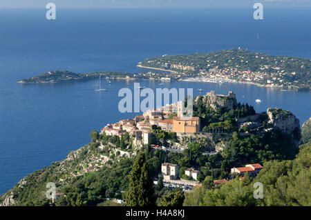 France, Cote d'Azur, view over the mountain village Eze on Cap Ferrat, Stock Photo